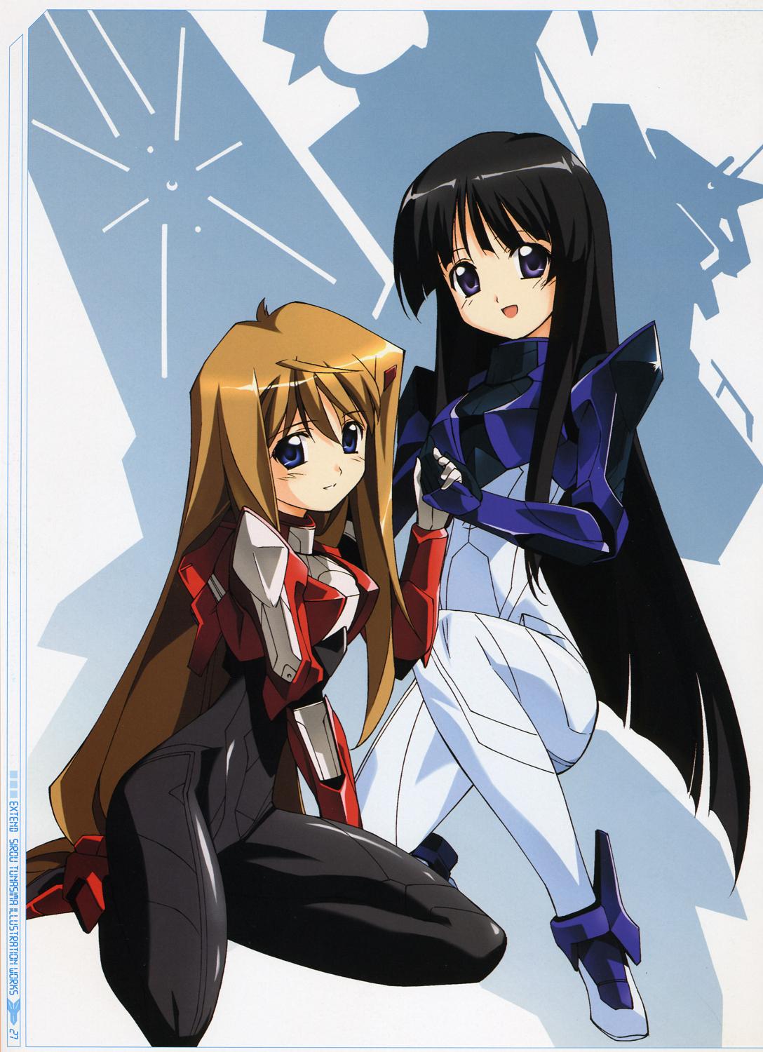 tsunashima shirou, hiiragi akao, tsuzaki aoba, jinki, pilot suit, highres, 00s, black hair, blue eyes, bodysuit, brown hair, hime cut