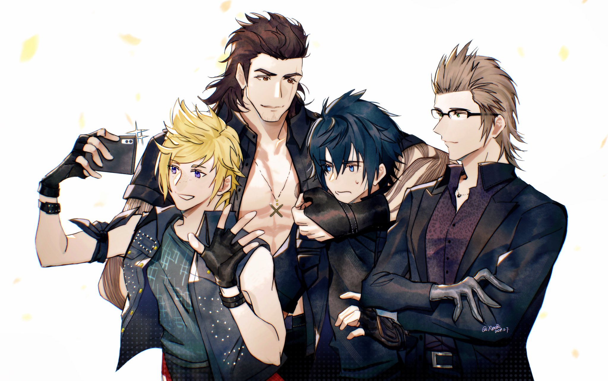 gladiolus amicitia, ignis scientia, noctis lucis caelum, prompto argentum, final fantasy, final fantasy xv, highres, 4boys, arm around shoulder, arm ribbon, arm tattoo, bare shoulders, belt buckle, black gloves, black hair, black jacket, black ribbon, black shirt, black vest, blonde hair, blue eyes, brown eyes, brown hair, buckle, crossed arms, falling petals, fingerless gloves, glasses, gloves, grey gloves, hair between eyes, hair slicked back, holding, holding phone, jacket, jewelry, light frown, male focus, medium hair, multiple boys, necklace, open clothes, open shirt, parted lips, pectorals, petals, phone, print shirt, ribbon, shirt, short hair, sideburns, smile, sparkle, suit jacket, sweatdrop, swept bangs, tattoo, twitter username, upper body, vest, white background, xerobc, yellow petals