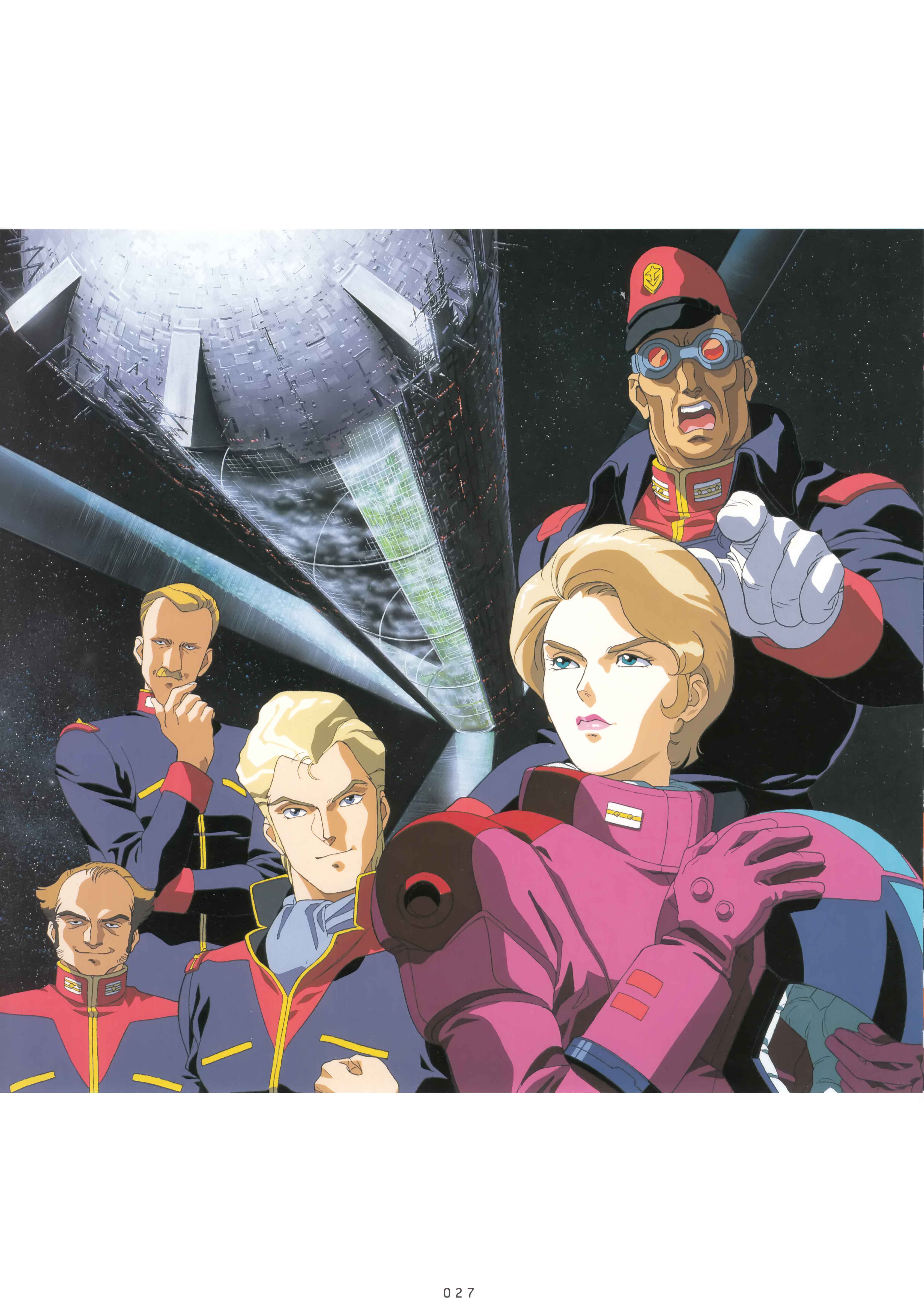 kitazume hiroyuki, bask om, jamaican daningan, jerid messa, kacricon cacooler, lila milla rira, gundam, zeta gundam, absurdres, highres, official art, scan, traditional media, 1990s (style), bald, balding, blue scarf, brown hair, facial hair, gloves, goggles, hand on own chin, hat, helmet, holding, holding unworn helmet, looking at viewer, mecha pilot suit, military hat, military rank insignia, military uniform, mustache, o'neill cylinder, retro artstyle, scarf, science fiction, shouting, smirk, solar panel, space helmet, titans (gundam), unworn headwear, unworn helmet, white gloves