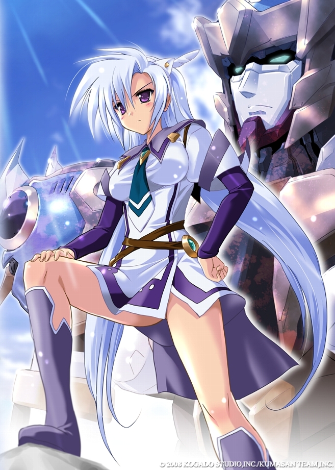 komatsu eiji, cal ruslan, akatsuki no amaneka to aoi kyojin, shirogane no cal digital performance, 1girl, angry, belt, blue hair, blush, boots, breasts, brooch, cloud, day, detached sleeves, dress, feathers, female focus, hair ornament, hand on own hip, hip focus, impossible clothes, impossible shirt, jewelry, knee boots, leg up, light rays, long hair, mecha, necktie, outdoors, purple eyes, robot, shirt, sky, solo, standing, sunbeam, sunlight, twintails, very long hair, white hair