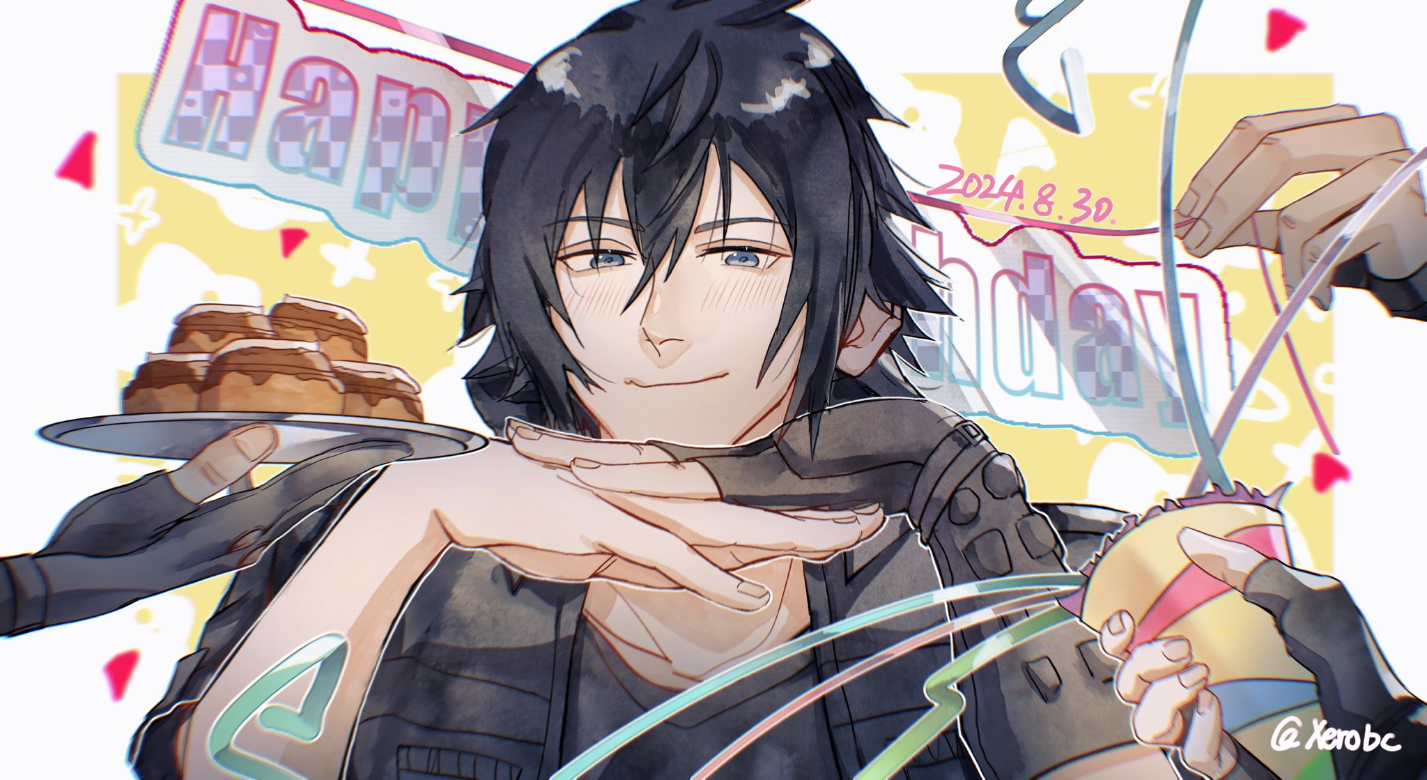 gladiolus amicitia, ignis scientia, noctis lucis caelum, prompto argentum, final fantasy, final fantasy xv, highres, asymmetrical gloves, black gloves, black hair, black jacket, black shirt, blue eyes, border, closed mouth, confetti, dated, fingerless gloves, food, gloves, hair between eyes, happy birthday, head on hands, holding, holding food, holding party popper, holding plate, jacket, light blush, light smile, male focus, own hands together, partially fingerless gloves, party popper, plate, shirt, short hair, single glove, solo focus, spiked hair, twitter username, upper body, white border, xerobc, yellow background