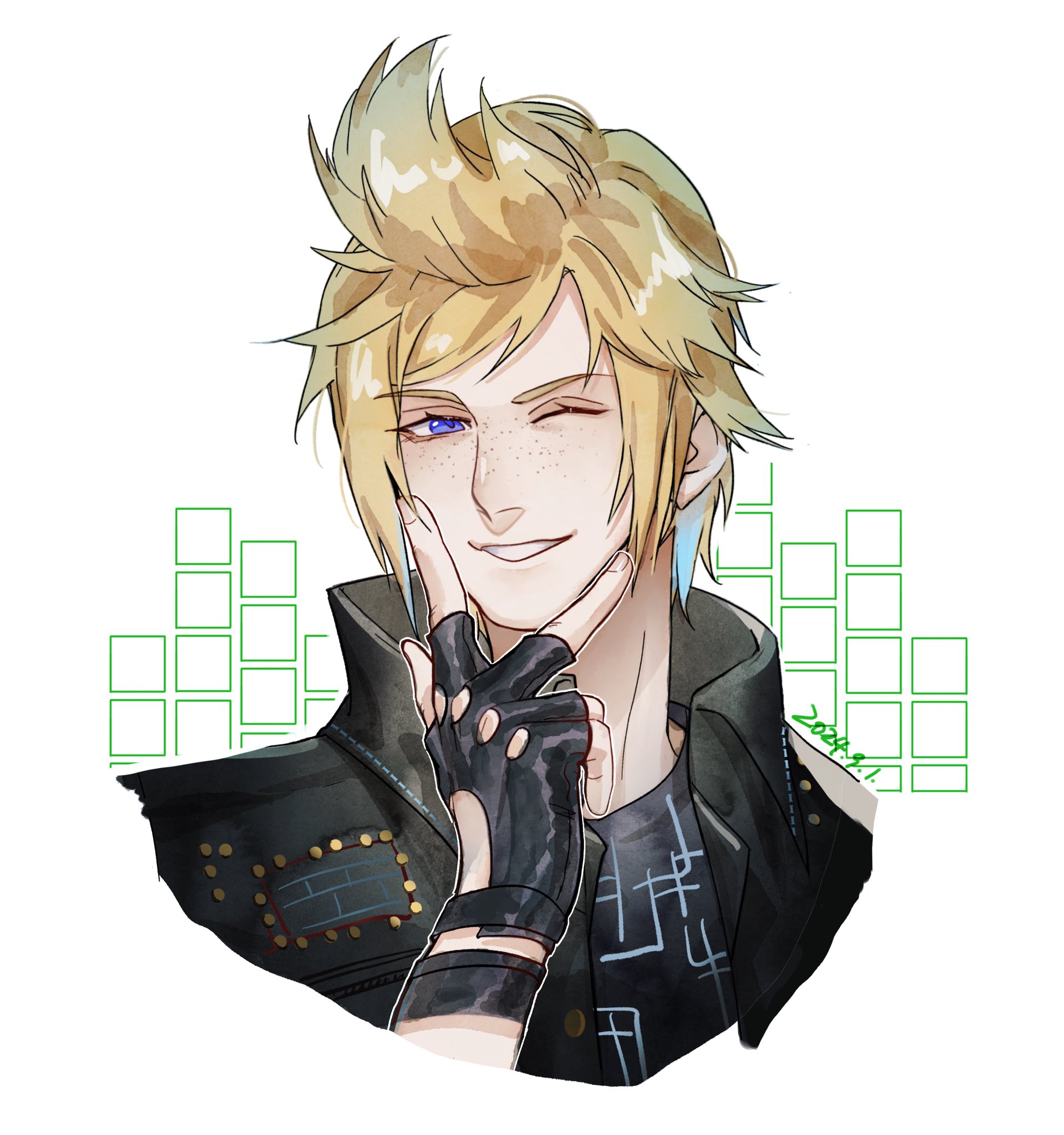 prompto argentum, final fantasy, final fantasy xv, highres, 1boy, black gloves, black vest, blonde hair, blue eyes, dated, fingerless gloves, freckles, gloves, looking at viewer, male focus, one eye closed, parted lips, print shirt, shirt, short hair, smile, solo, spiked hair, swept bangs, teeth, upper body, vest, white background, xerobc