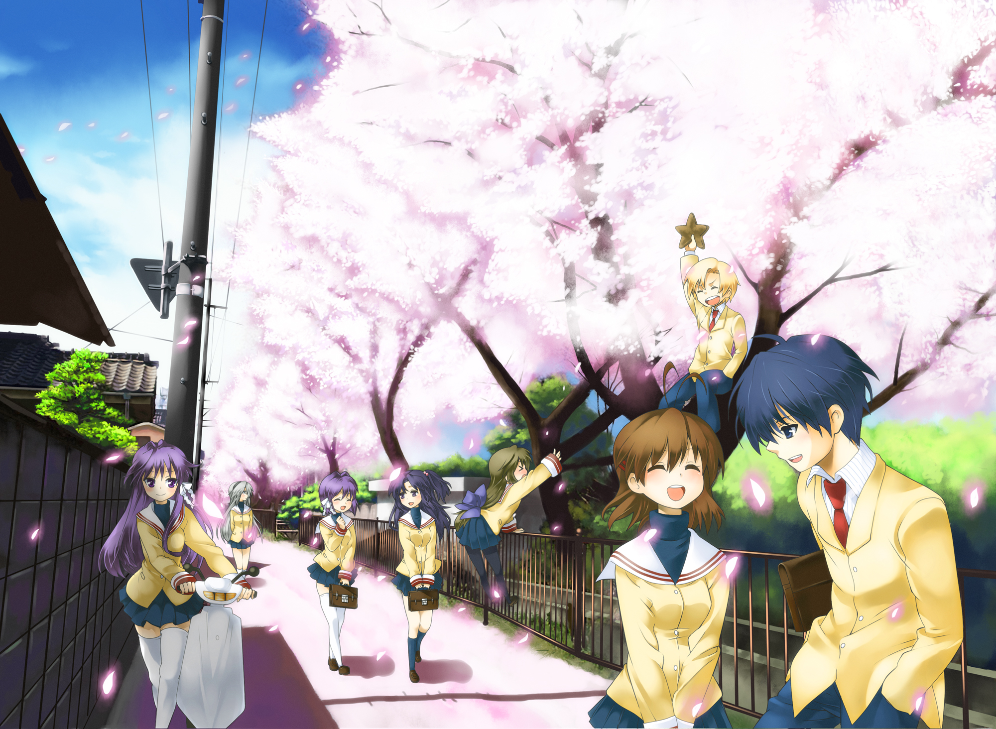 mitsuki meia, fujibayashi kyou, fujibayashi ryou, furukawa nagisa, ibuki fuuko, ichinose kotomi, okazaki tomoya, sakagami tomoyo, sunohara youhei, clannad, vehicle, highres, 00s, 2boys, 5girls, bag, cherry blossoms, everyone, motor vehicle, motorcycle, multiple boys, multiple girls, school bag, school uniform, scooter, siblings, sisters, twins, walking