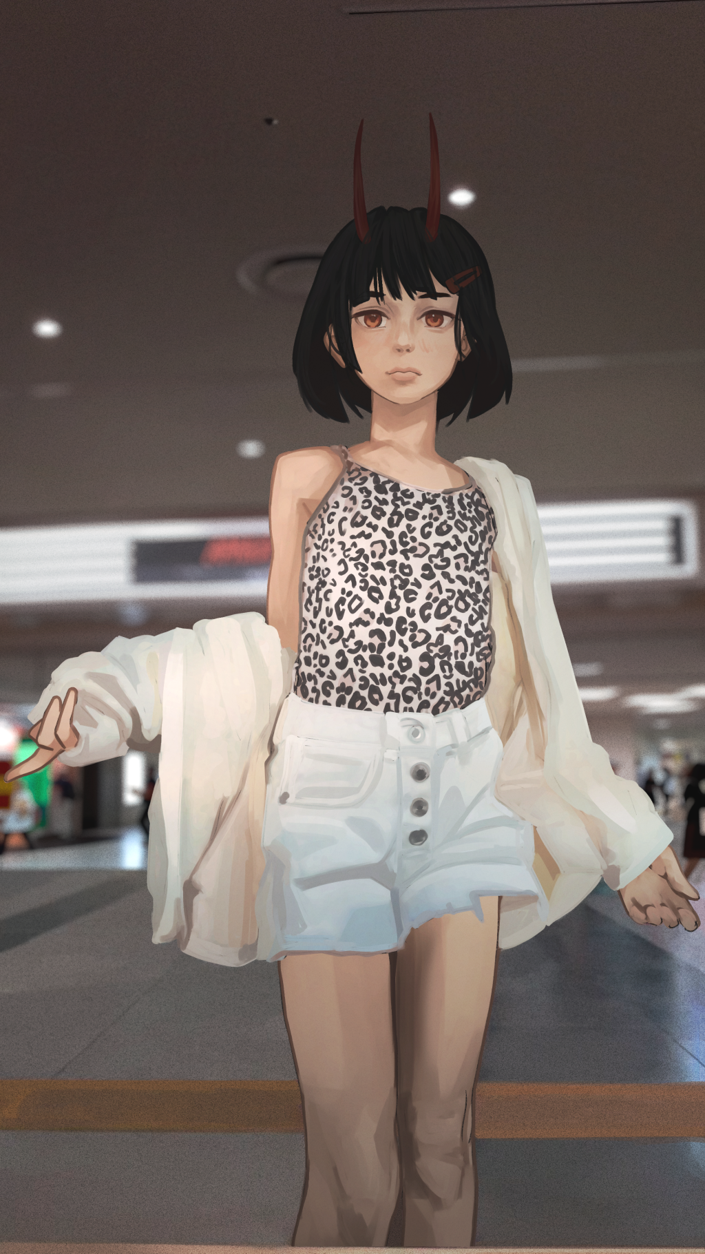 servachok, katya (servachok), original, commentary, highres, 1girl, beckoning, black camisole, black hair, blunt bangs, blurry, blurry background, bob cut, breasts, camisole, cardigan, casual, closed mouth, curled fingers, demon girl, demon horns, expressionless, hair ornament, hairclip, horns, index finger raised, leopard print clothes, lips, long sleeves, off shoulder, open cardigan, open clothes, outstretched hand, photo background, print camisole, red eyes, red horns, russian commentary, shirt, short hair, single bare shoulder, skirt, sleeveless, sleeveless shirt, small breasts, solo, torn clothes, torn skirt, walking, white camisole, white cardigan, white skirt