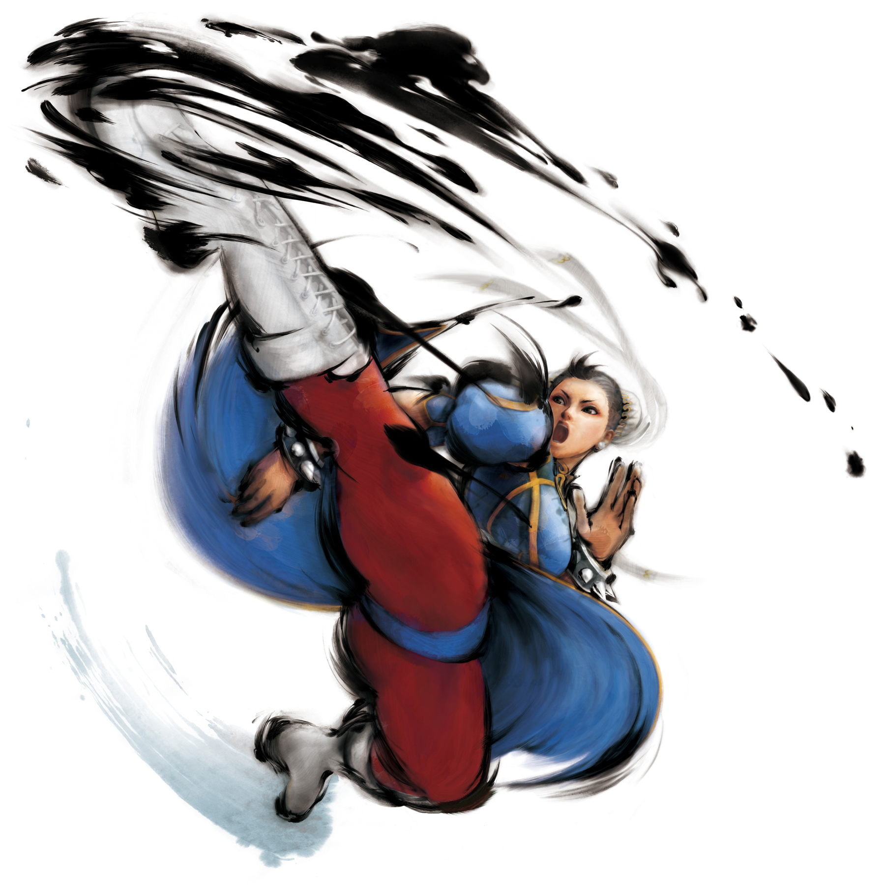 ikeno daigo, chun-li, capcom, street fighter, street fighter iv (series), highres, official art, 1girl, boots, bracelet, brown eyes, brown hair, bun cover, china dress, chinese clothes, double bun, dress, female focus, hair bun, jewelry, kicking, panties, pantyhose, pelvic curtain, short hair, solo, spiked bracelet, spikes, thick thighs, thighs, underwear