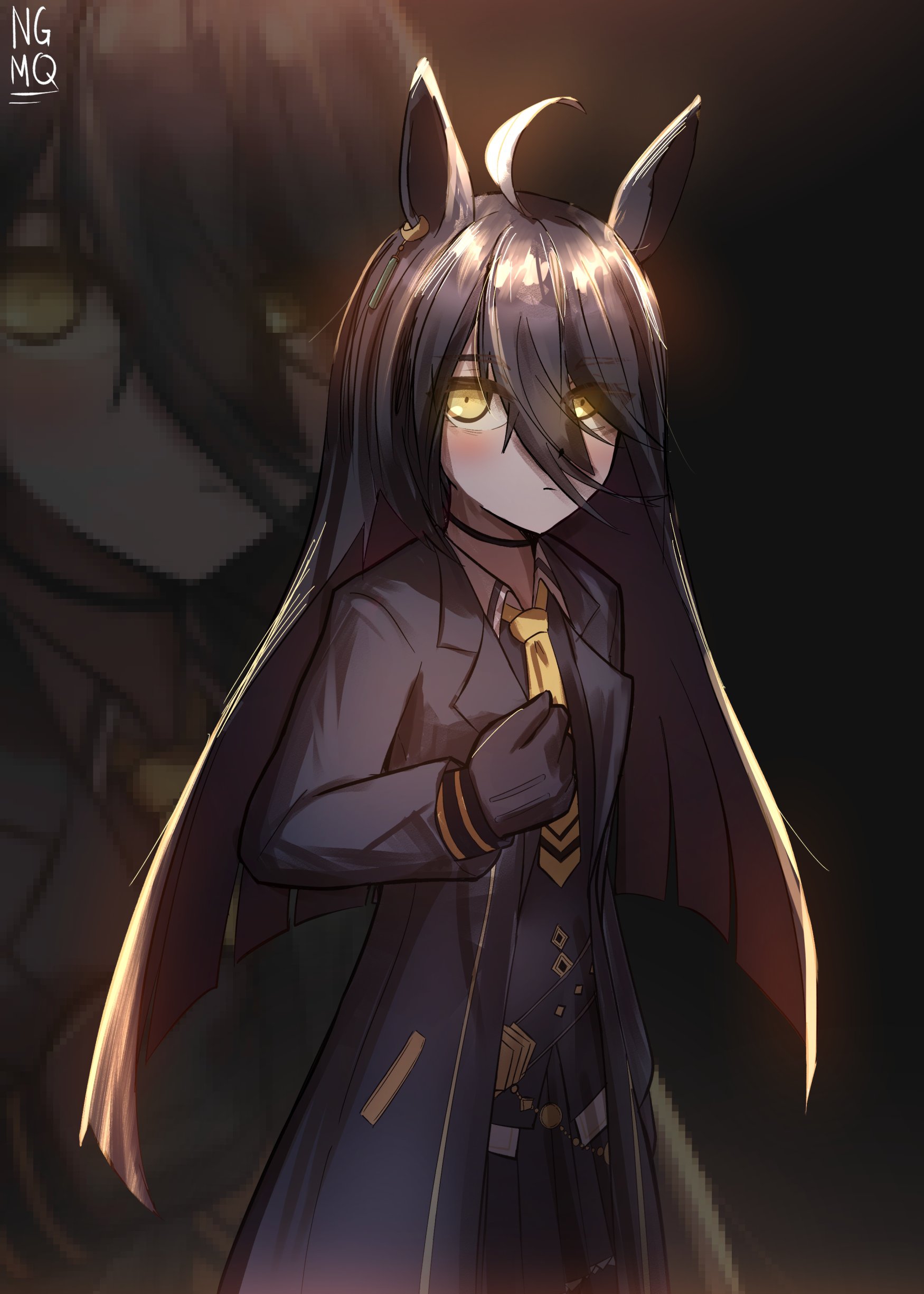 manhattan cafe (creeping black) (umamusume), manhattan cafe (umamusume), umamusume, absurdres, highres, 1girl, ahoge, animal ears, black coat, black gloves, black hair, coat, collared shirt, ear tag, earrings, gloves, hair between eyes, hem peeking out, horse ears, horse girl, horse tail, jewelry, long bangs, long hair, long hair between eyes, long sleeves, looking at viewer, multicolored hair, necktie, ngmq, shirt, single earring, solo, tail, yellow eyes, yellow necktie