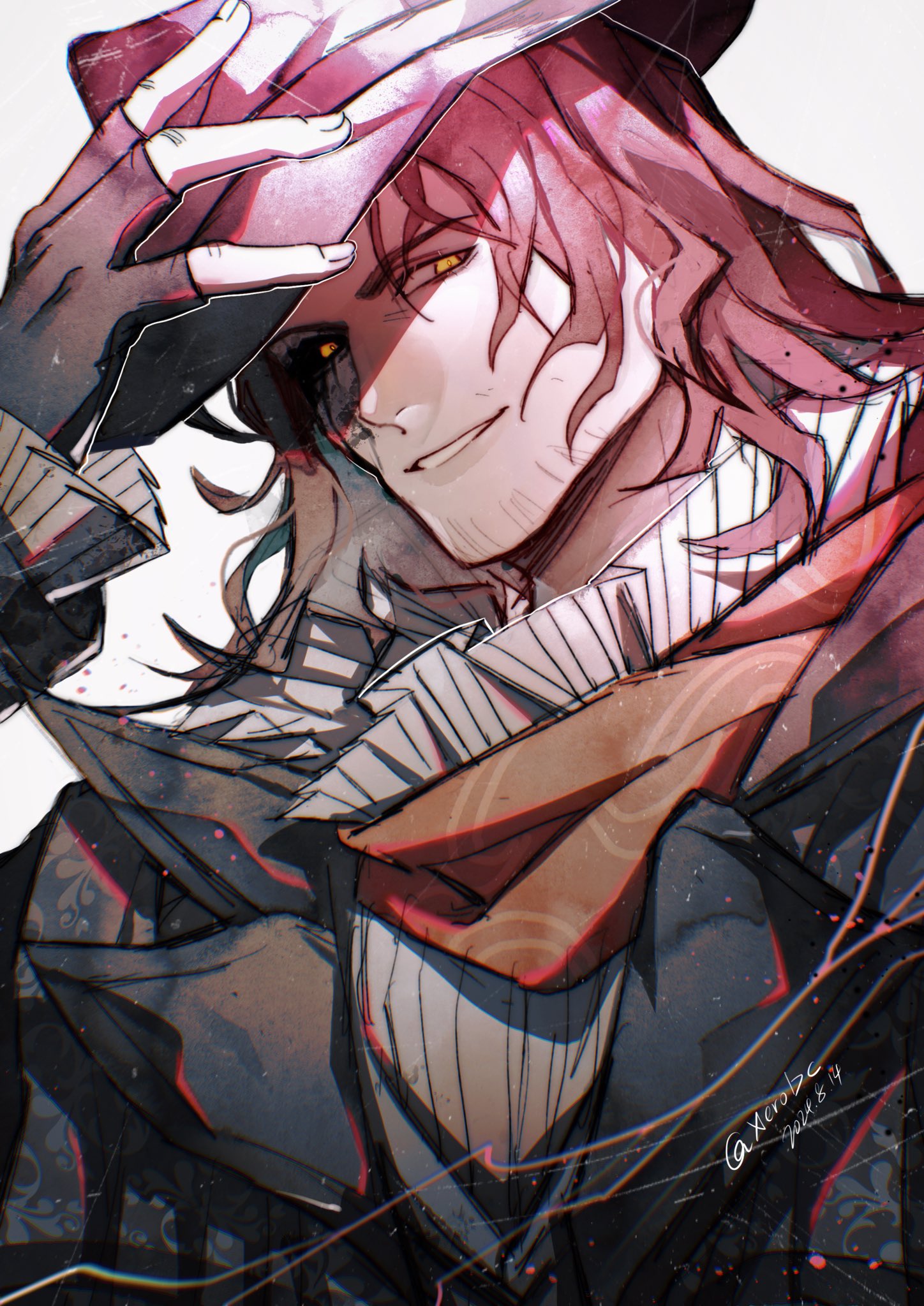 ardyn izunia, final fantasy, final fantasy xv, highres, 1boy, adjusting clothes, adjusting headwear, beard stubble, black gloves, black jacket, black sclera, black vest, brown hair, colored sclera, facial hair, fingerless gloves, gloves, jacket, male focus, medium hair, parted bangs, parted lips, scarf, shirt, smile, solo, stubble, twitter username, upper body, vest, wavy hair, white background, white shirt, xerobc, yellow eyes