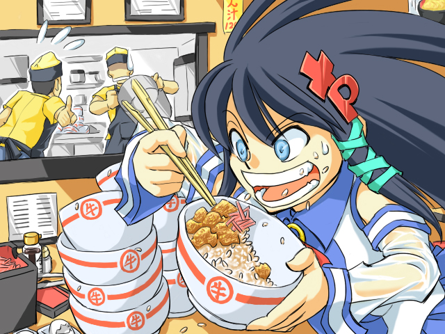 iijima takatoshi, iijimatakatoshi, taiki chuu, xp-tan, os-tan, bad id, bad pixiv id, 1girl, black hair, blue eyes, bowl, chopsticks, detached sleeves, eating, flying sweatdrops, food, long hair, ribbon, rice, solo focus