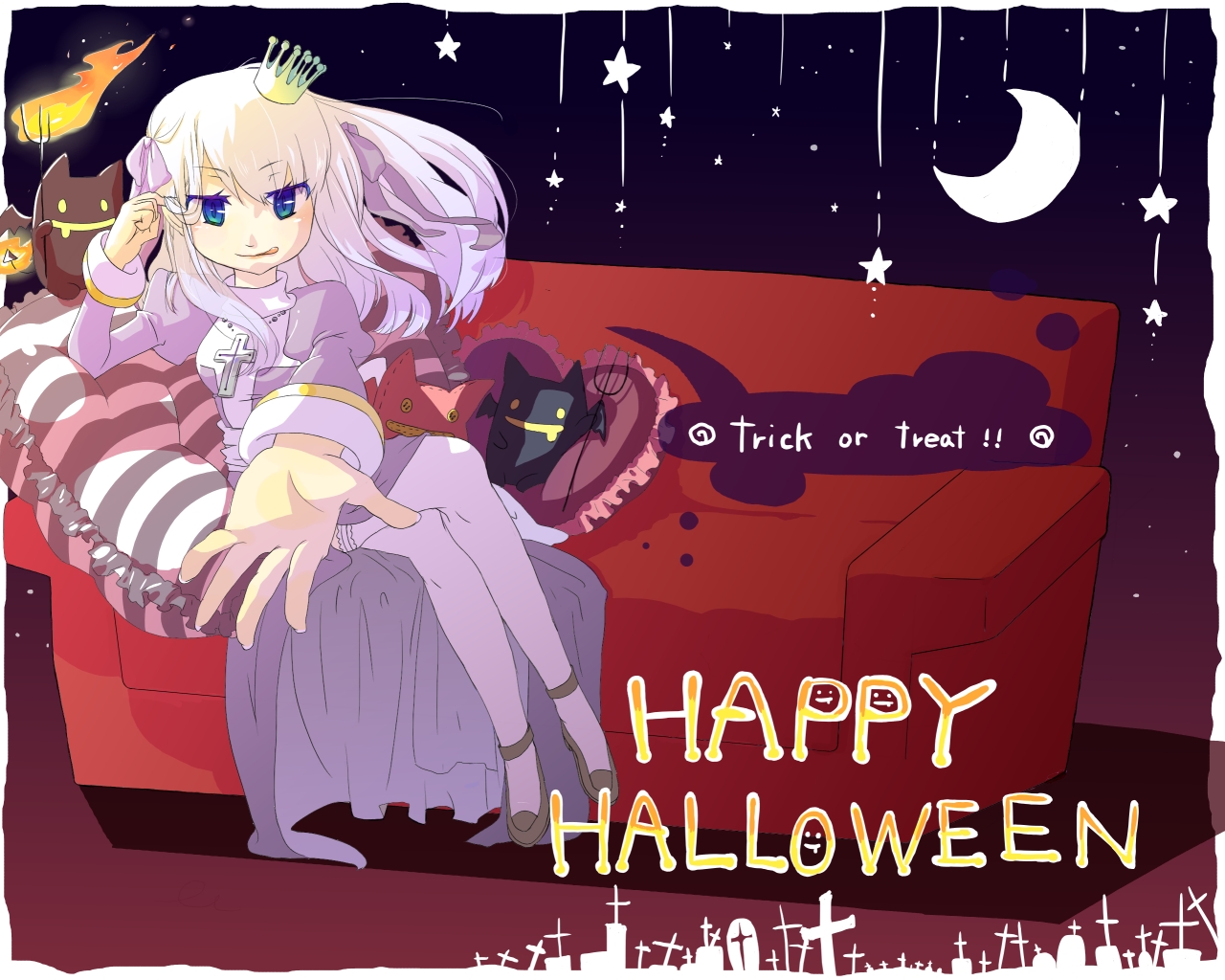 sakutoko, deviruchi, high priest (ragnarok online), ragnarok online, commentary request, 1girl, alternate color, blue eyes, border, closed mouth, couch, creature, crescent moon, cross, cross necklace, crown, demon, dress, fire, full body, grey shoes, halloween, happy halloween, jewelry, juliet sleeves, long hair, long sleeves, looking at viewer, mini crown, moon, necklace, puffy sleeves, purple dress, reaching, reaching towards viewer, sash, shoes, smile, solo, star (symbol), thighhighs, trick or treat, two-tone dress, white border, white dress, white hair, white sash, white thighhighs