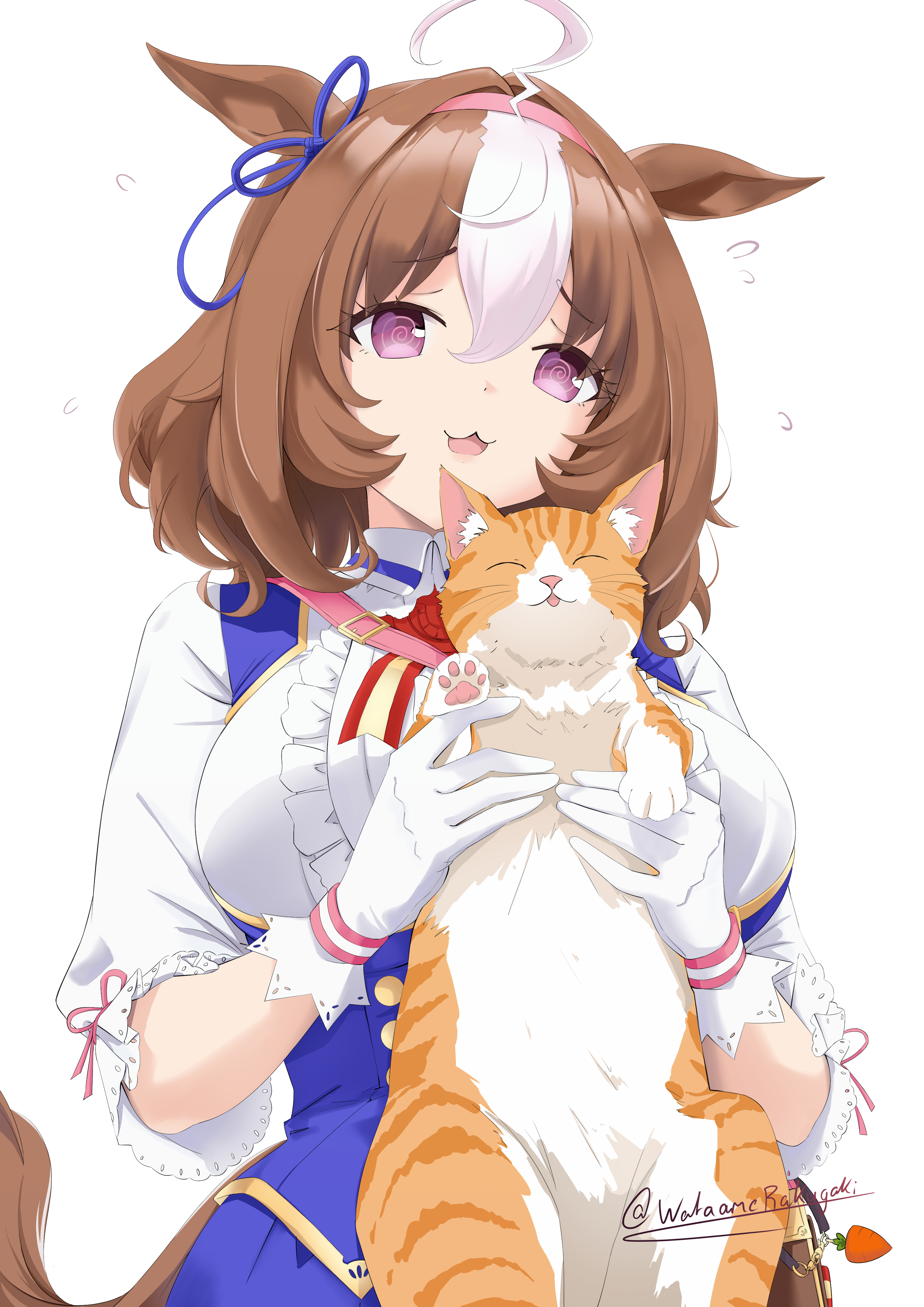 meisho doto (blue/raging) (umamusume), meisho doto (umamusume), meto (cat), umamusume, absurdres, highres, 1girl, @ @, ahoge, animal, animal ears, bag, between breasts, blue dress, bow, breasts, brown hair, cat, closed eyes, closed mouth, double-parted bangs, dress, ear ribbon, gloves, hair between eyes, hairband, headband, holding, holding animal, holding cat, horse ears, horse girl, horse tail, large breasts, long sleeves, multicolored hair, pink hairband, pink headband, purple eyes, short hair, shoulder bag, simple background, smile, strap between breasts, tail, tongue, tongue out, two-tone hair, wataamerakugaki, white background, white dress, white gloves, white hair