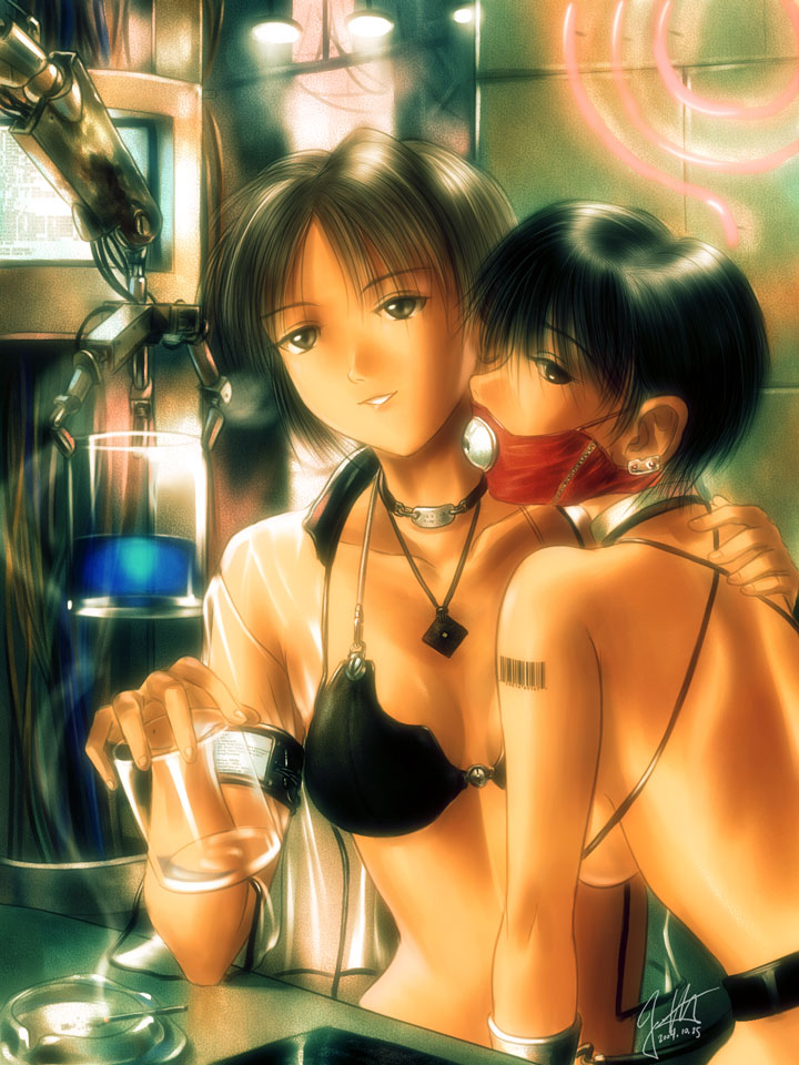 s zenith lee, 2girls, ball gag, barcode, bdsm, bikini, bikini top only, black eyes, black hair, bondage, bound, breasts, brown eyes, brown hair, cigarette, collar, drink, gag, gagged, jewelry, multiple girls, necklace, short hair, sideboob, slave, smoking, swimsuit, yuri
