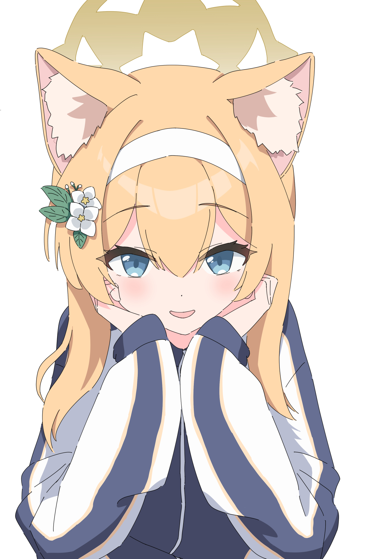mari (blue archive), mari (track) (blue archive), blue archive, commentary, highres, 1girl, :d, animal ear fluff, animal ears, black jacket, blue eyes, blush, cat ears, cat girl, curled fingers, dot nose, double-parted bangs, eyelashes, flower, gym uniform, hachimaki, hair between eyes, hair flower, hair intakes, hair ornament, halo, hands on own cheeks, hands on own face, headband, jacket, leaf hair ornament, long hair, long sleeves, looking at viewer, multicolored jacket, nyan (float 495), official alternate costume, open mouth, orange hair, raised eyebrows, sidelocks, simple background, sleeves past wrists, smile, solo, straight hair, track jacket, two-tone jacket, upper body, white background, white flower, white headband, white jacket, yellow halo, zipper, zipper pull tab