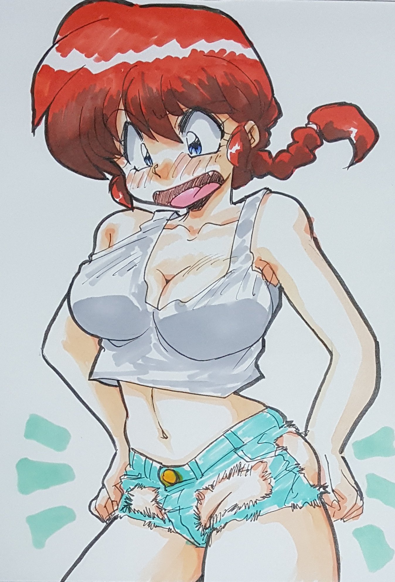 sunshinek, ranma-chan, saotome ranma, ranma 1/2, commentary, highres, marker (medium), traditional media, 1girl, adjusting clothes, ass, bare shoulders, blue eyes, blue shorts, blush, braid, braided ponytail, breasts, cleavage, collarbone, constricted pupils, cowboy shot, crop top, cropped shirt, cutoffs, denim, denim shorts, embarrassed, fang, genderswap, genderswap (mtf), groin, large breasts, long hair, looking at self, looking down, midriff, navel, no bra, no panties, nose blush, notice lines, open mouth, red hair, shirt, short shorts, shorts, shouting, simple background, single braid, skindentation, sleeveless, sleeveless shirt, solo, surprised, tank top, torn clothes, torn shorts, white background, white tank top