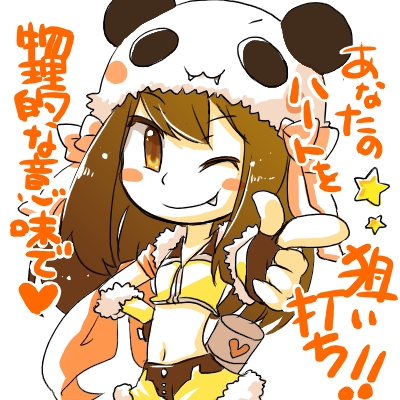 sakutoko, sniper (ragnarok online), ragnarok online, commentary request, lowres, translation request, 1girl, blush stickers, brown eyes, brown gloves, brown hair, brown shirt, brown shorts, closed mouth, cowboy shot, crop top, fang, fang out, finger gun, fingerless gloves, flat chest, fur-trimmed gloves, fur-trimmed shirt, fur-trimmed shorts, fur trim, gloves, long hair, looking at viewer, midriff, navel, panda hat, pointing, pointing at viewer, shirt, shorts, simple background, sleeveless, sleeveless shirt, smile, solo, two-tone gloves, two-tone shirt, two-tone shorts, white background, yellow gloves, yellow shirt, yellow shorts