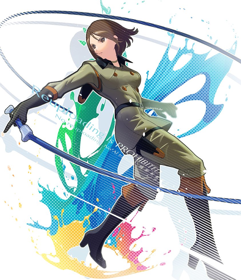 cofffee, whip (kof), the king of fighters, 1girl, back holster, belt, black belt, black boots, boots, breasts, brown eyes, brown hair, buttons, choker, closed mouth, double-breasted, full body, gloves, green jacket, green pants, greyscale, high belt, high heel boots, high heels, holding, holding whip, holster, jacket, jewelry, knee boots, looking ahead, medium breasts, military uniform, monochrome, paint splatter, pants, short hair, solo, thigh holster, whip