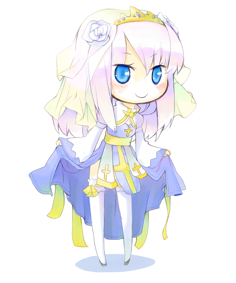 sakutoko, arch bishop (ragnarok online), ragnarok online, commentary request, highres, 1girl, blue eyes, blush, bridal veil, chibi, chibi only, closed mouth, cross, curtsey, dress, frilled thighhighs, frills, full body, juliet sleeves, long hair, long sleeves, looking at viewer, pink hair, puffy sleeves, sash, simple background, smile, solo, thighhighs, two-tone dress, veil, white background, white dress, white thighhighs, yellow sash