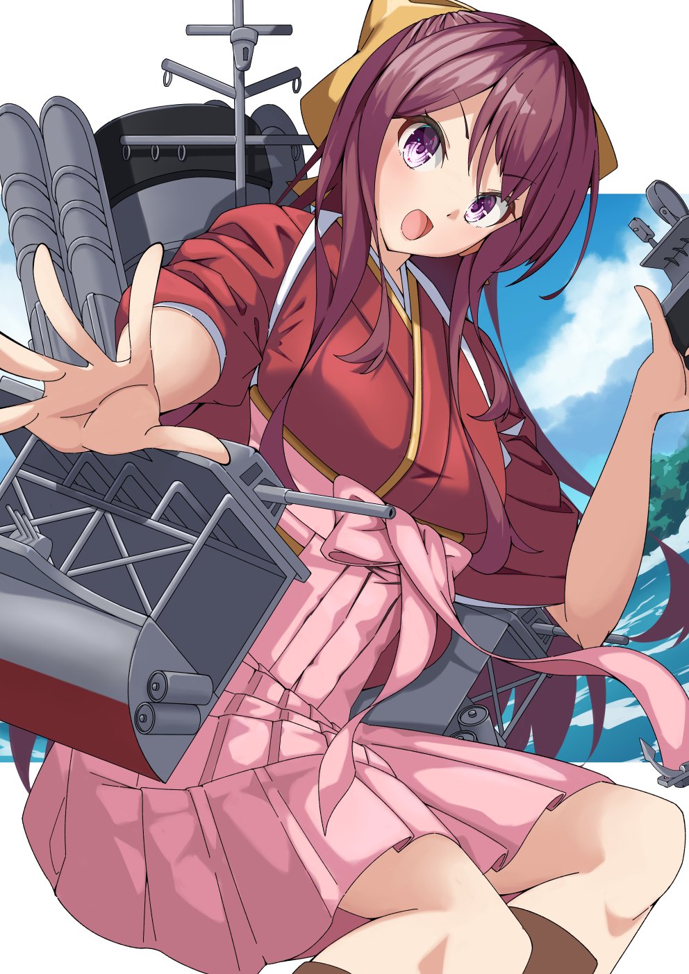 kikuchi-shoogo, kamikaze (kancolle), kantai collection, highres, 1girl, blue sky, boots, bow, brown boots, cloud, foreshortening, hair bow, hakama, japanese clothes, kimono, long hair, machinery, meiji schoolgirl uniform, pink hakama, purple eyes, purple hair, red kimono, sky, smile, solo, tasuki, yellow bow