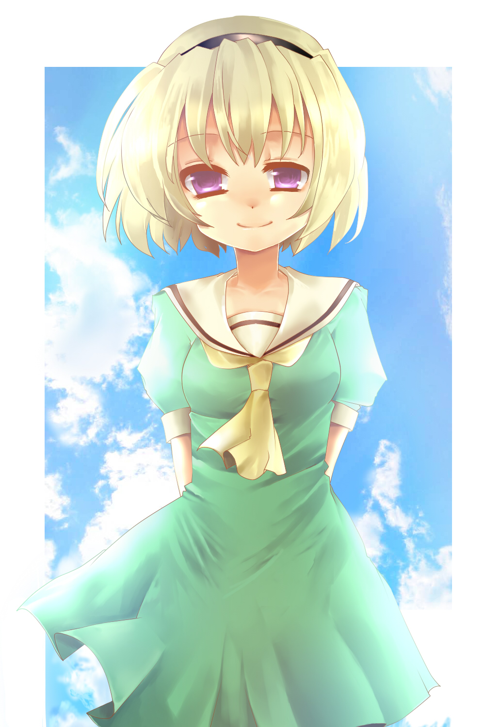 shigure ui, houjou satoko, higurashi no naku koro ni, bad id, bad pixiv id, highres, 00s, blonde hair, cloud, day, dress, hairband, purple eyes, sailor dress, short hair, sky, solo