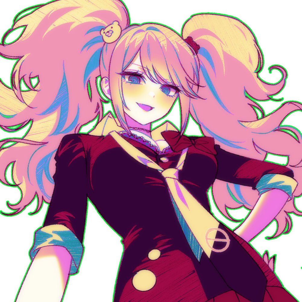 enoshima junko, danganronpa: trigger happy havoc, danganronpa (series), 1girl, :d, arm at side, bear hair ornament, big hair, black necktie, black shirt, blonde hair, blue eyes, blush, bow, bra, bra peek, breasts, choker, cleavage, collared shirt, eyelashes, fingernails, from below, green outline, hair ornament, hand on own hip, lace, lace-trimmed bra, lace trim, long fingernails, long hair, looking at viewer, loose necktie, medium breasts, necktie, open mouth, outline, pale skin, pleated skirt, red bow, red skirt, ringed eyes, shirt, shirt bow, simple background, skirt, sleeve cuffs, sleeves rolled up, smile, so seo, solo, swept bangs, twintails, two-tone necktie, underwear, upper body, wavy hair, white background, white necktie