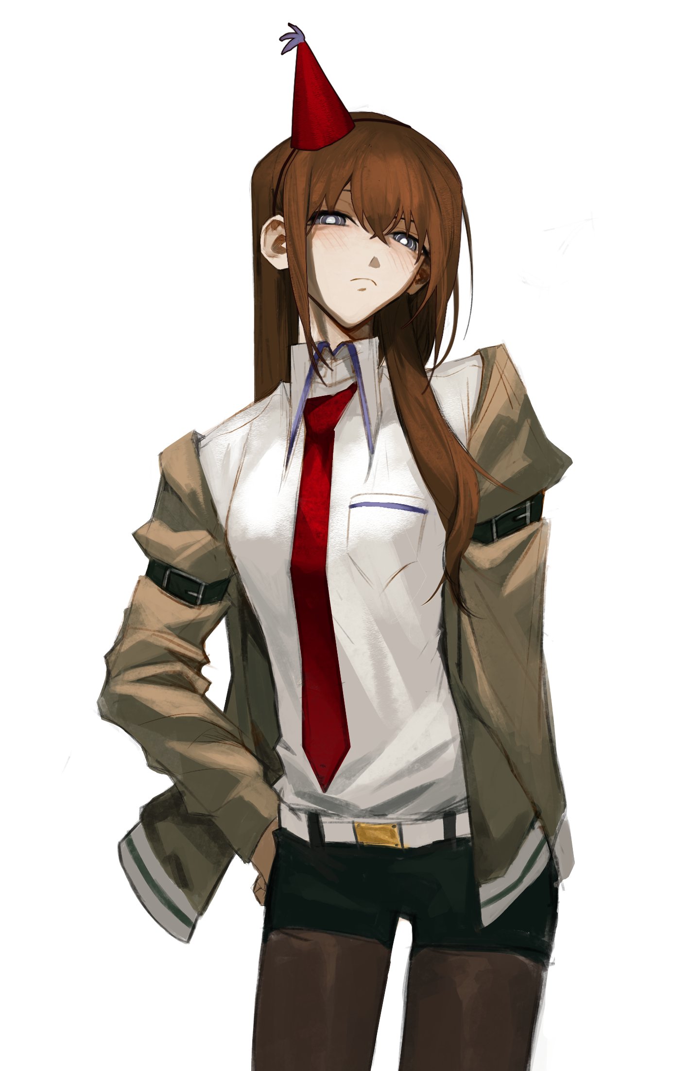 makise kurisu, science adventure, steins;gate, hashtag-only commentary, highres, 1girl, arm belt, belt, belt buckle, black pantyhose, black shorts, blue eyes, blush, bright pupils, brown hair, brown jacket, buckle, closed mouth, collared shirt, crossed bangs, flustered, hair between eyes, half-closed eyes, hand on own hip, hat, jacket, jusca c, long hair, looking at viewer, necktie, off shoulder, pantyhose, pantyhose under shorts, party hat, red hat, red necktie, ringed eyes, shirt, shorts, simple background, solo, white background, white belt, white pupils, white shirt