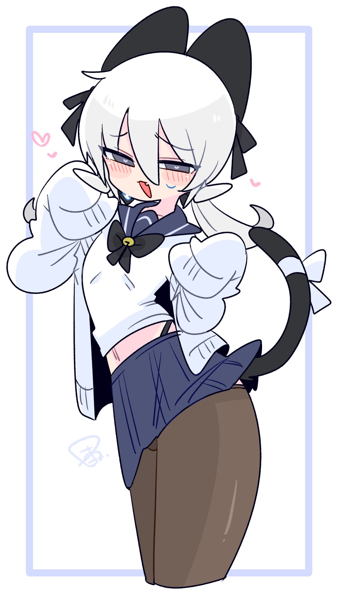 op na yarou, original, commentary, highres, 1boy, arched back, bell, black bow, black bowtie, black panties, black pantyhose, black tail, blue sailor collar, blue skirt, blush, bow, bowtie, bulge, cardigan, cat tail, contrapposto, cowboy shot, cropped shirt, crossdressing, crossdressing (mtf), fang, flipped hair, grey eyes, hair between eyes, hair bow, hands up, heart, heart-shaped pupils, highleg, highleg panties, jingle bell, large bow, long sleeves, looking at viewer, low twintails, male focus, midriff, miniskirt, narrowed eyes, navel, neck bell, no nose, open cardigan, open clothes, open mouth, ose (op na yarou), panties, panty straps, pantyhose, pleated skirt, raised inner eyebrows, sailor collar, school uniform, serafuku, shirt, short hair, sidelocks, simple background, skin fang, skirt, sleeves past fingers, sleeves past wrists, solo, standing, sweatdrop, symbol-shaped pupils, tail, tail bow, tail ornament, trap, twintails, underwear, watermark, white background, white bow, white cardigan, white hair, white shirt