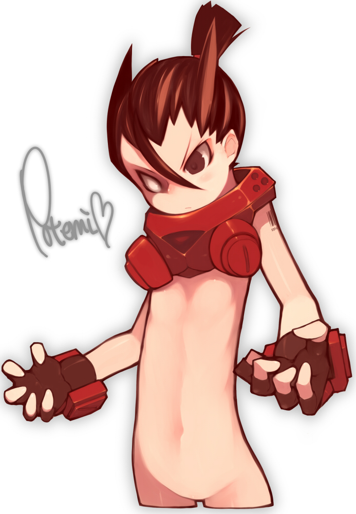 bachera, pachera, potemkin (guilty gear), arc system works, guilty gear, bad id, bad pixiv id, 1girl, brown hair, female focus, fingerless gloves, gas mask, genderswap, genderswap (mtf), gloves, loli, mask, nude, respirator, solo