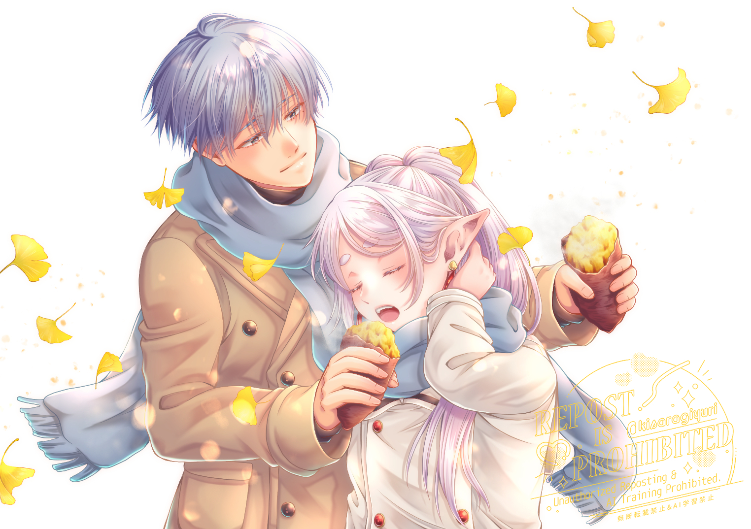 kisaragiyuri, frieren, himmel (sousou no frieren), sousou no frieren, 1boy, 1girl, blue hair, blue scarf, brown coat, closed eyes, coat, couple, earrings, falling leaves, food, hair behind ear, hair between eyes, hand in own hair, hetero, holding, holding food, jewelry, leaf, light blush, light smile, long hair, looking at another, open mouth, parted bangs, pointy ears, scarf, short hair, steaming food, twintails, upper body, white background, white coat, white hair