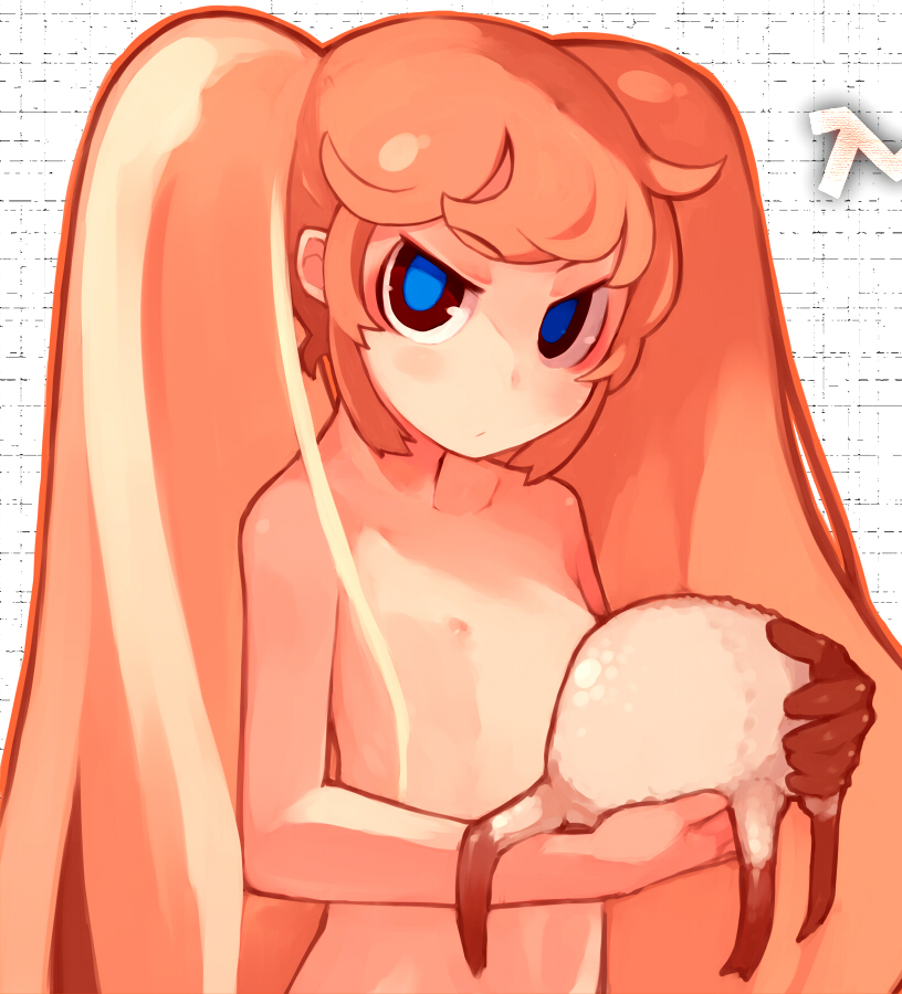 bachera, pachera, headcrab, half-life, half-life (series), half-life 2, bad id, bad pixiv id, 1girl, angry, blue eyes, female focus, flat chest, glaring, gloves, loli, nipples, nude, personification, solo, twintails