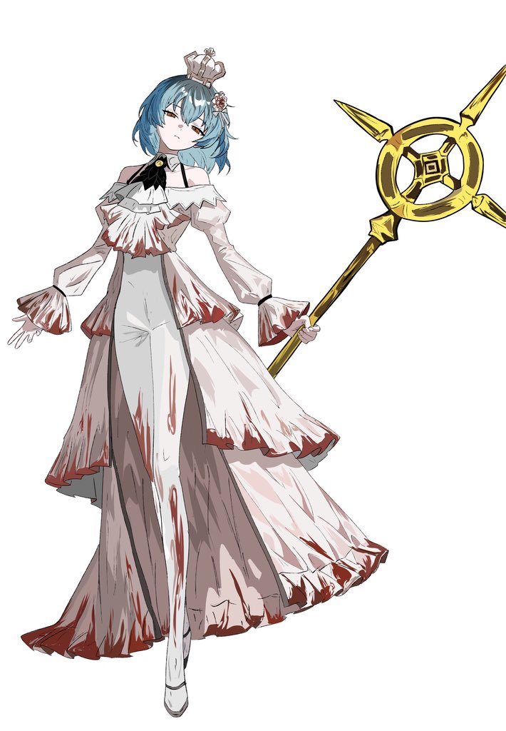 218 (niiya), angela (project moon), ozma (project moon), library of ruina, project moon, 1girl, ascot, bare shoulders, blood, blood on clothes, blue hair, bodysuit, crown, dress, e.g.o (project moon), faded memories (e.g.o), flower, frills, full body, hair flower, hair ornament, holding, holding staff, long sleeves, looking at viewer, off-shoulder dress, off shoulder, puffy sleeves, shoes, short hair, simple background, solo, staff, white ascot, white background, white bodysuit, white dress, white shoes