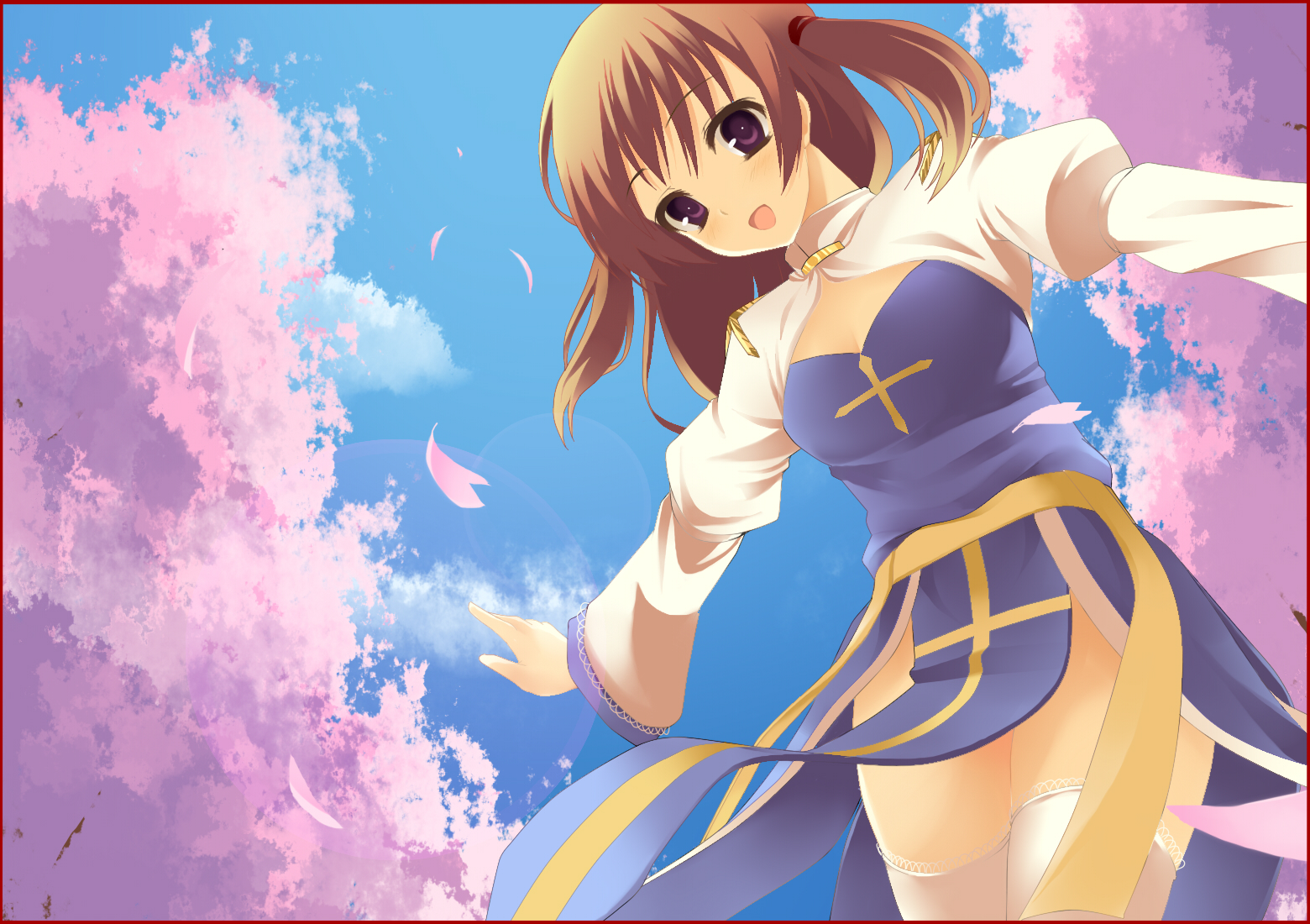 piiko (aa doushiyou), arch bishop (ragnarok online), ragnarok online, commentary request, 1girl, 2000s (style), blue dress, blue sky, border, breasts, brown hair, cherry blossoms, cleavage cutout, clothing cutout, cloud, cowboy shot, cross, day, dress, juliet sleeves, long hair, long sleeves, looking at viewer, medium breasts, open mouth, outdoors, outstretched arms, puffy sleeves, purple eyes, red border, sash, sky, smile, solo, spread arms, thighhighs, two-tone dress, two side up, white dress, white thighhighs, yellow sash