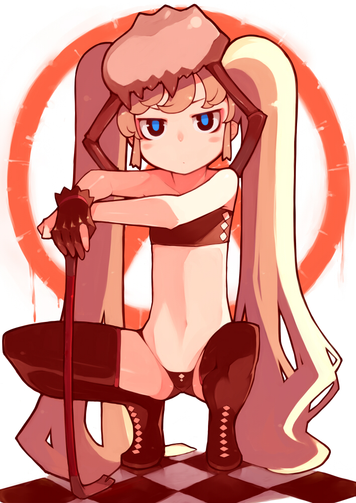bachera, pachera, headcrab, half-life, half-life (series), half-life 2, 1girl, animal, animal on head, bandeau, bare shoulders, blonde hair, blue eyes, boots, checkered floor, crowbar, female focus, flat chest, floor, gloves, holding, holding crowbar, jitome, long hair, midriff, navel, object on head, on head, personification, single glove, solo, squatting, thighhighs, twintails, very long hair, weapon