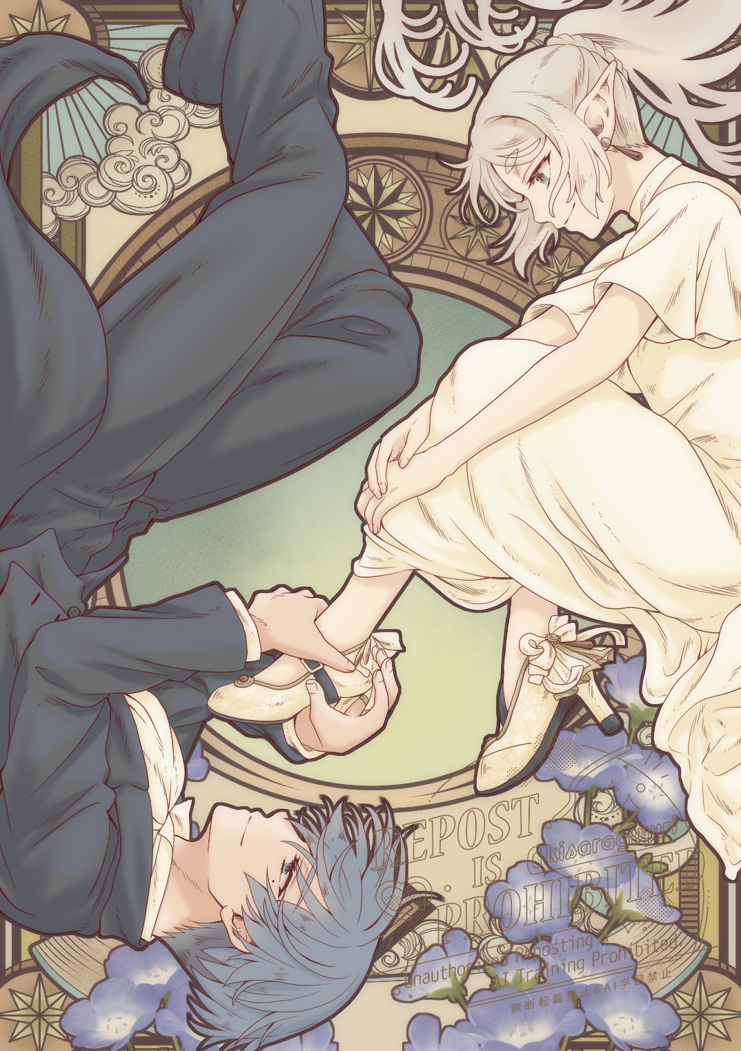 kisaragiyuri, frieren, himmel (sousou no frieren), sousou no frieren, highres, 1boy, 1girl, art nouveau, black jacket, black pants, black shoes, black suit, blue flower, blue hair, collared shirt, couple, dress, earrings, elf, flower, forget-me-not (flower), formal clothes, hair between eyes, hands on another's foot, hetero, hugging own legs, jacket, jewelry, light smile, long dress, long hair, looking at another, pants, parted bangs, pointy ears, ponytail, shirt, shoes, short hair, short sleeves, suit, suit jacket, white dress, white hair, white shirt, white shoes