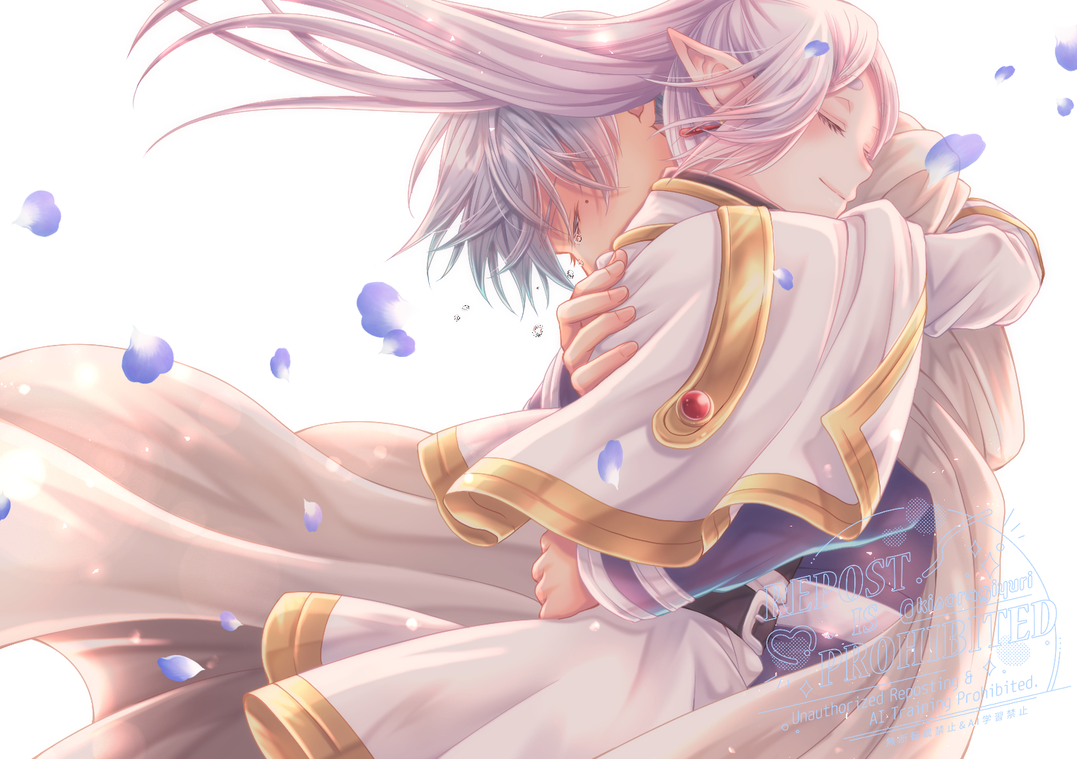 kisaragiyuri, frieren, himmel (sousou no frieren), sousou no frieren, 1boy, 1girl, belt, belt buckle, black belt, blue hair, blue jacket, blue petals, buckle, capelet, cloak, closed eyes, couple, crying, earrings, elf, falling petals, gold trim, grey hair, hair between eyes, hetero, hug, jacket, jewelry, light smile, long hair, parted bangs, petals, pointy ears, short hair, skirt, tears, twintails, upper body, white background, white capelet, white cloak, white skirt