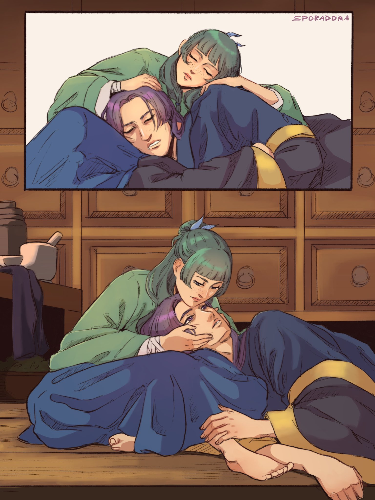 jinshi (kusuriya no hitorigoto), maomao (kusuriya no hitorigoto), kusuriya no hitorigoto, highres, 1boy, 1girl, artist name, bandaged wrist, bandages, barefoot, blue ribbon, blue robe, blue skirt, blunt bangs, closed eyes, couple, green hair, green shirt, hair ribbon, half-closed eyes, hand on another's head, hands on another's cheeks, hands on another's face, hetero, lap pillow, mortar (bowl), parted bangs, parted lips, pestle, purple hair, ribbon, robe, shirt, skirt, sporadora