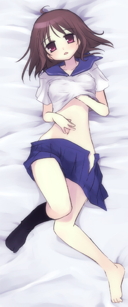 binega~a, vinegar, original, bad id, bad pixiv id, 1girl, ahoge, barefoot, brown hair, feet, female focus, hand under clothes, hand under shirt, looking at viewer, midriff, open clothes, open skirt, purple eyes, red eyes, school uniform, shirt, single sock, skirt, socks, solo, toes