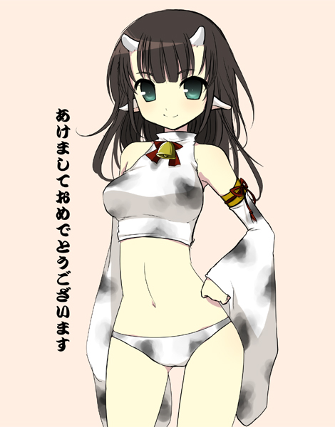 binega~a, vinegar, bad id, bad pixiv id, 1girl, akeome, animal ears, animal print, bell, black hair, blue eyes, cow ears, cow print, detached sleeves, female focus, green eyes, happy new year, horns, midriff, navel, new year, panties, short hair, solo, underwear