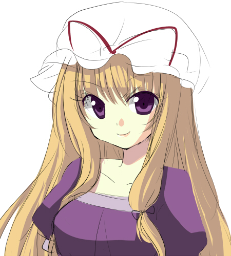 binega~a, vinegar, yakumo yukari, touhou, bad id, bad pixiv id, lowres, 1girl, blonde hair, female focus, hat, looking at viewer, partially colored, purple eyes, sketch, smile, solo, upper body