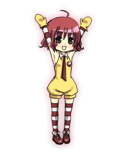 binega~a, vinegar, ronald mcdonald, mcdonald's, bad id, bad pixiv id, lowres, 1girl, ahoge, armpits, cosplay, elbow gloves, female focus, gloves, necktie, open mouth, ran ran ru, red hair, ronald mcdonald (cosplay), smile, solo, striped clothes, striped thighhighs, thighhighs