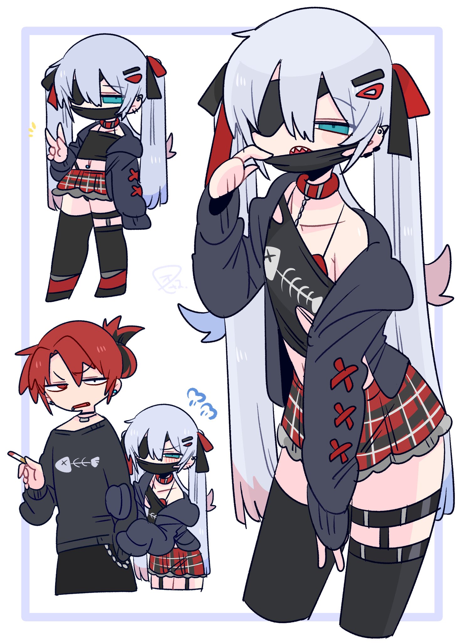 op na yarou, original, commentary, highres, 1boy, 2boys, :o, armpit crease, asymmetrical legwear, bare shoulders, black bow, black mask, black panties, black pants, black shirt, black thighhighs, black tube top, blue eyes, blue hair, blush, bow, bulge, cardigan, cigarette, clothes grab, collar, collarbone, colored tips, covered mouth, cowboy shot, crossdressing, crossdressing (mtf), double-parted bangs, ear piercing, eyepatch, fang, fangs, fish skeleton, fish skeleton print, flipped hair, full body, furrowed brow, grabbing another's arm, grey cardigan, hair between eyes, hair bow, hair ornament, hairclip, hand up, highleg, highleg panties, holding, holding cigarette, long hair, long sleeves, looking at viewer, male focus, mask, midriff, miniskirt, mismatched pupils, mouth mask, multicolored bow, multicolored hair, multiple boys, multiple views, narrowed eyes, navel, navel piercing, no nose, off shoulder, one eye covered, open cardigan, open clothes, open mouth, panties, pants, panty straps, piercing, plaid clothes, plaid skirt, print shirt, puff of air, quad tails, red bow, red collar, red hair, rigel (op na yarou), shirt, short hair, sidelocks, simple background, skirt, sleeves past fingers, sleeves past wrists, standing, straight hair, strapless, thigh strap, thighhighs, thighs, trap, tube top, underwear, uneven legwear, v, v-shaped eyebrows, very long hair, watermark, white background, white hair