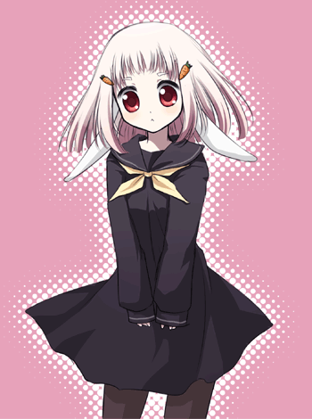 binega~a, vinegar, original, eyebrows, bad id, bad pixiv id, lowres, 1girl, :<, animal ears, dress, female focus, hair ornament, hairclip, long hair, pantyhose, pink hair, rabbit ears, red eyes, school uniform, solo