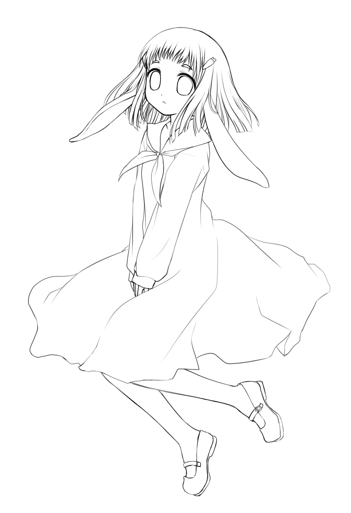 binega~a, vinegar, original, eyebrows, bad id, bad pixiv id, highres, 1girl, animal ears, dress, female focus, greyscale, hair ornament, hairclip, long hair, mary janes, monochrome, rabbit ears, school uniform, shoes, sketch, solo
