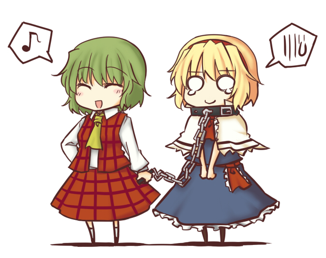 lysander z, alice margatroid, kazami yuuka, touhou, 2girls, ^ ^, ascot, blonde hair, chain, chain leash, chibi, closed eyes, collar, female focus, green hair, hairband, leash, multiple girls, musical note, o o, plaid clothes, plaid skirt, plaid vest, quaver, short hair, simple background, skirt, skirt set, spoken musical note, tears, vest, white background