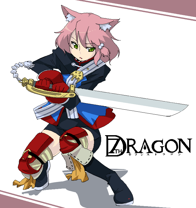 amami amayu, fighter (7th dragon), harukara (7th dragon), 7th dragon, 7th dragon (series), 1girl, animal ears, bike shorts, cat ears, female focus, gloves, green eyes, pink hair, short hair, solo, sword, weapon