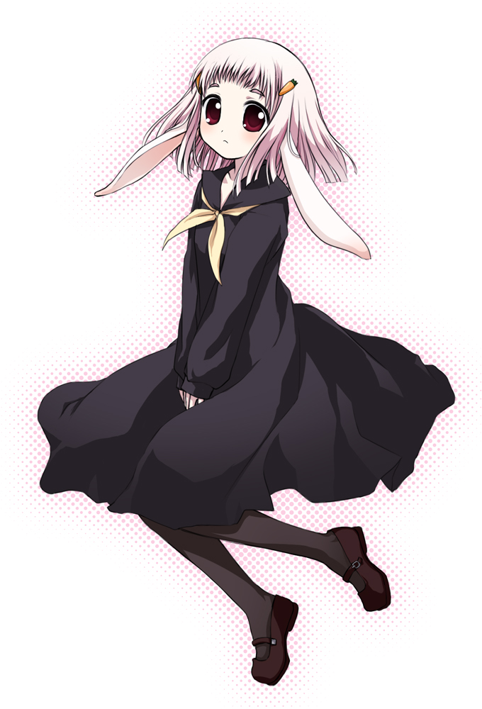 binega~a, vinegar, original, eyebrows, bad id, bad pixiv id, 1girl, animal ears, dress, female focus, hair ornament, hairclip, long hair, mary janes, pantyhose, pink hair, rabbit ears, red eyes, school uniform, shoes, solo