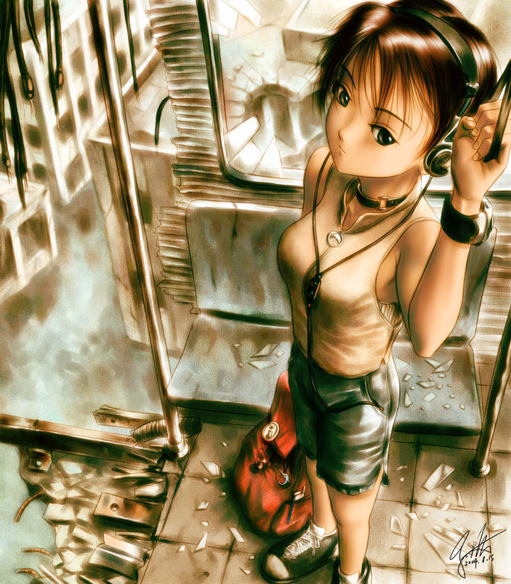 s zenith lee, original, 1girl, backpack, bag, bare shoulders, broken, brown hair, casual, choker, collar, female focus, hand grip, headphones, holding hand grip, randoseru, ruins, short hair, shorts, solo, standing, train, train interior