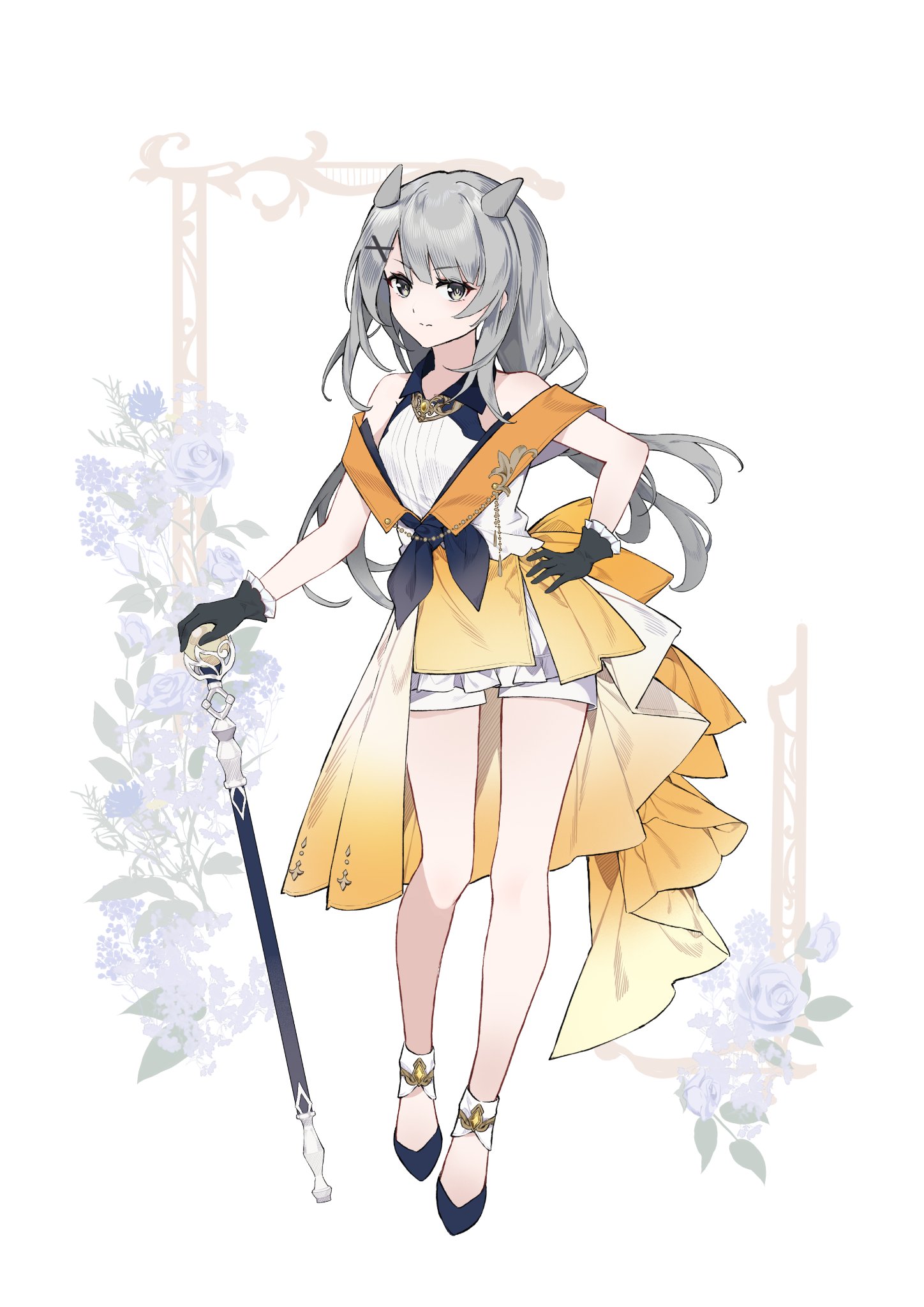 akagi (akagi1924), i-201 (kancolle), kantai collection, highres, 1girl, alternate costume, black gloves, cane, dress, fake horns, full body, gloves, grey eyes, grey hair, hand on own hip, horned headwear, horns, long hair, looking at viewer, low twintails, orange dress, shorts under dress, solo, standing, twintails