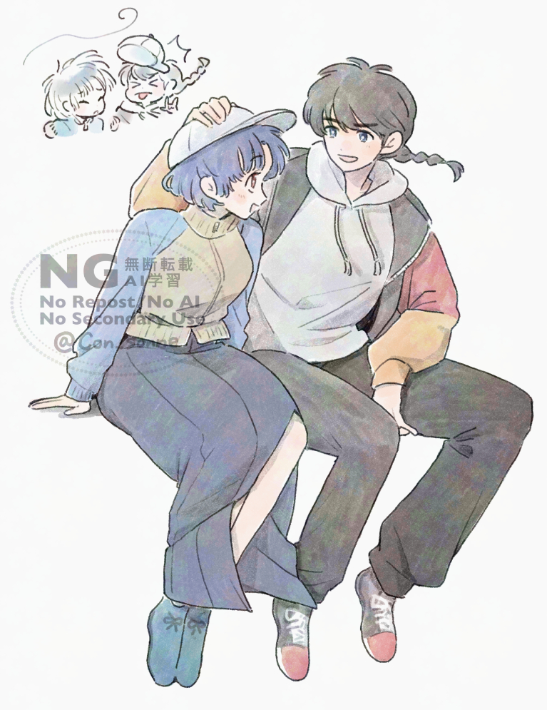 con sonne, saotome ranma, tendou akane, ranma 1/2, 1boy, 1girl, baseball cap, black hair, black pants, black shoes, black skirt, blue hair, blue shoes, blue sleeves, braid, breasts, couple, full body, hand on another's head, hat, hetero, hood, hood down, hoodie, long hair, looking at another, medium breasts, open mouth, pants, parted bangs, shoes, short hair, side slit, single braid, skirt, smile, sneakers, white background, white hat