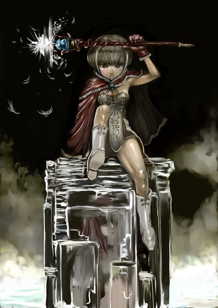 naoki (naoieo), high wizard (ragnarok online), kathryne keyron, ragnarok online, commentary request, 1girl, arm up, black eyes, blonde hair, boots, breasts, brown cape, brown gloves, cape, closed mouth, dress, expressionless, full body, fur-trimmed cape, fur trim, gloves, grey dress, holding, holding staff, looking at viewer, medium breasts, short hair, sitting, solo, staff, white boots