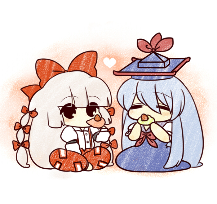 mushi q, fujiwara no mokou, kamishirasawa keine, touhou, silver hair, bad id, bad pixiv id, 2girls, blue hair, chibi, closed eyes, eating, female focus, food, full body, gradient background, hair ribbon, hat, long hair, multiple girls, ribbon, sitting, white background
