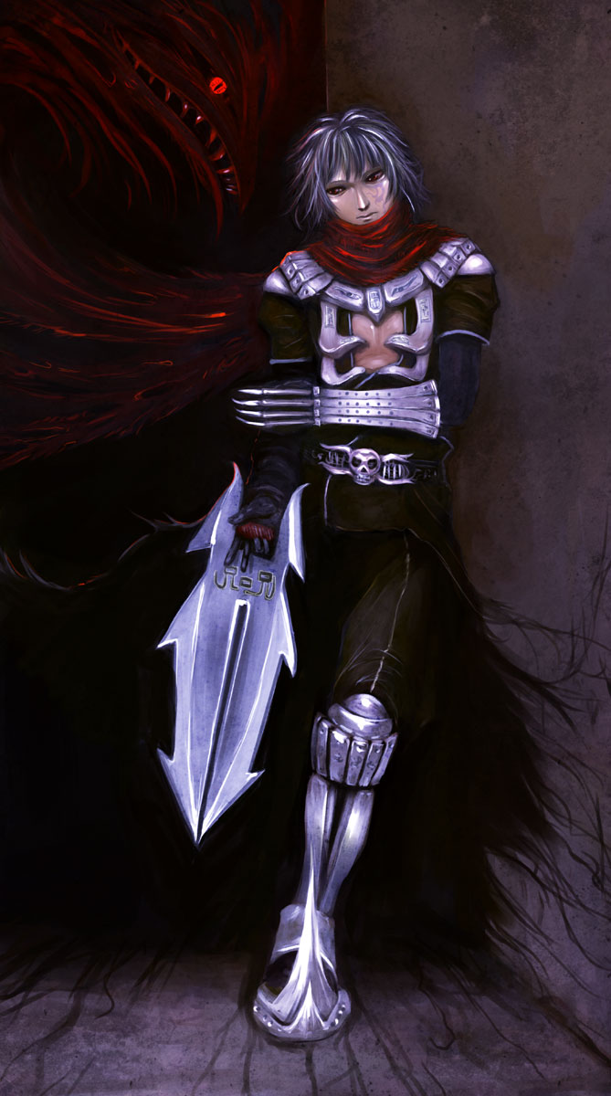 naoki (naoieo), assassin cross (ragnarok online), eremes guile, ragnarok online, commentary request, highres, 1boy, armor, armored boots, black cape, black gloves, black pants, black shirt, blue hair, boots, cape, closed mouth, dagger, darkness, full body, gloves, holding, holding dagger, holding knife, holding weapon, jamadhar, knife, long hair, looking at viewer, male focus, pants, pauldrons, red eyes, red scarf, scarf, shirt, shoulder armor, skull, smile, solo, standing, vambraces, waist cape, weapon